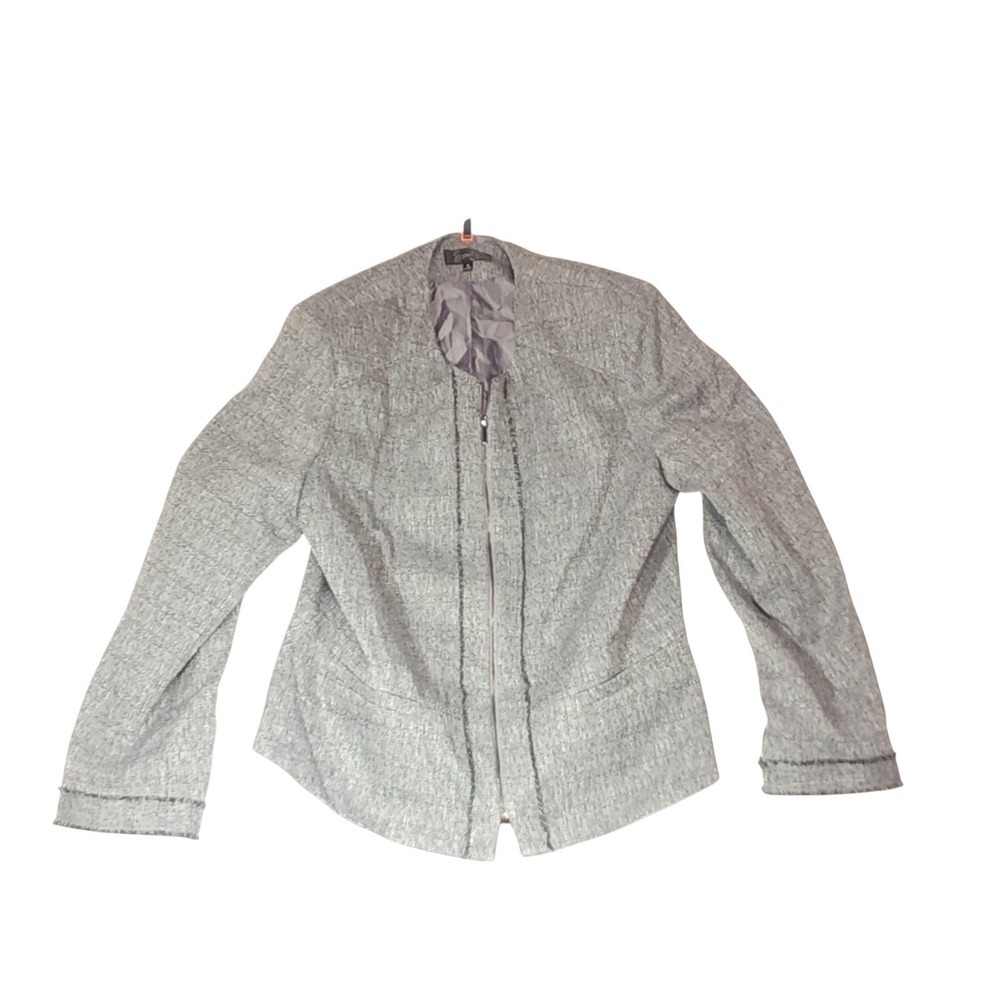 Emily Blazer Jacket Womens 16 Gray Tweed Collarless Full Zip Fringe Pockets - Picture 2 of 9